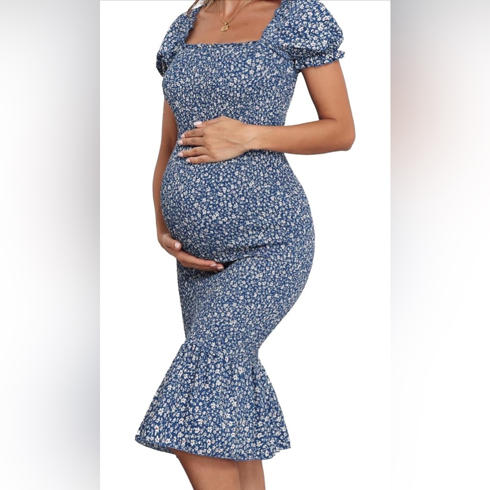 Blue floral maternity stretch dress